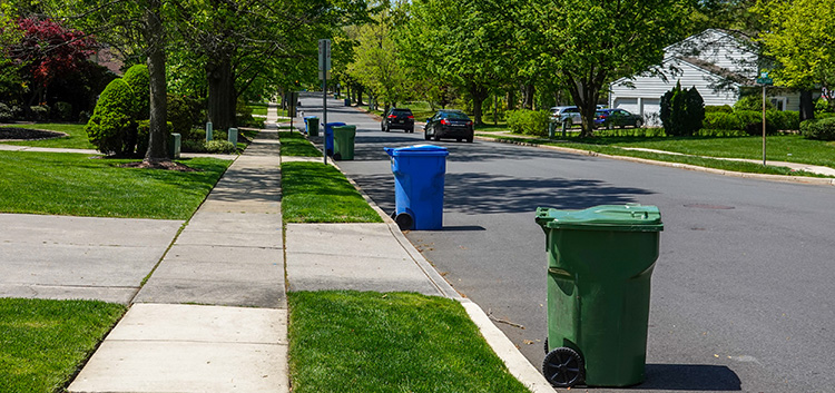 View of a residential tree lined street with green and blue trash bins lined up along the curb for trash truck collection.